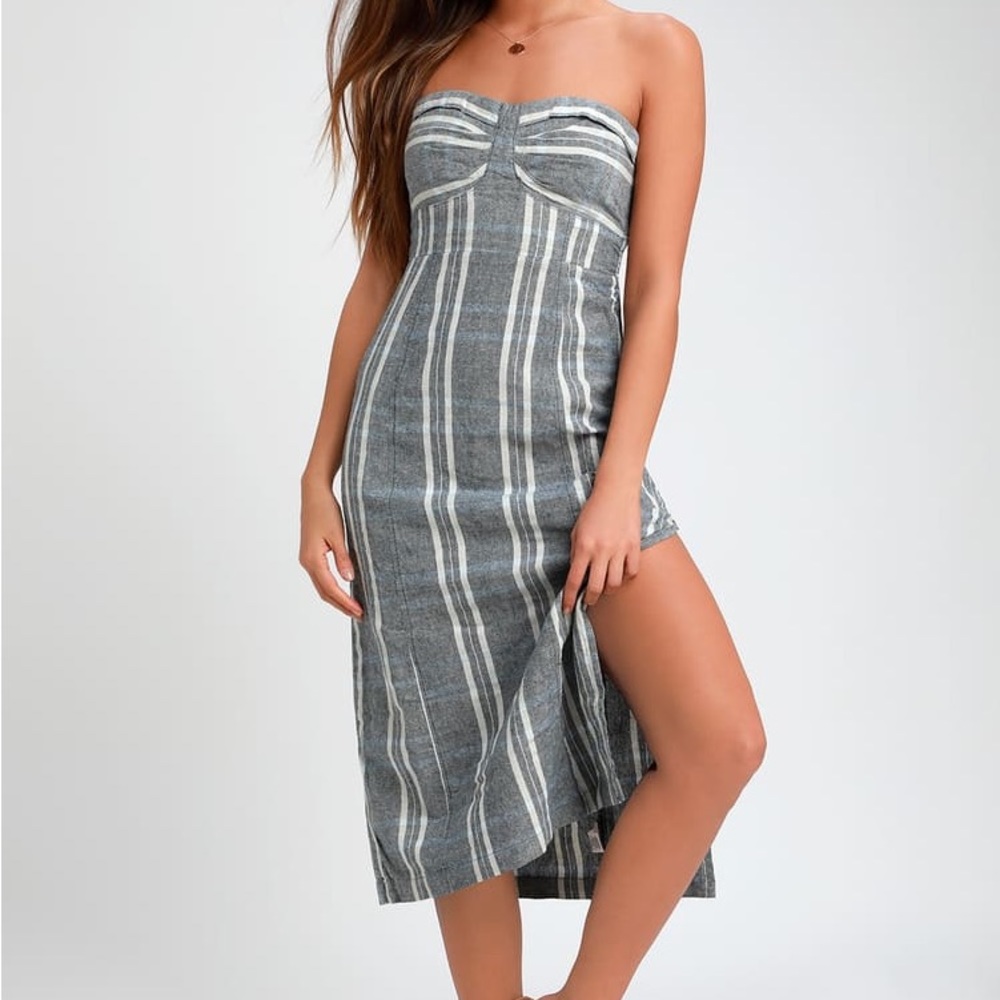 Free People Life Like This Blue Plaid Strapless Midi Dress